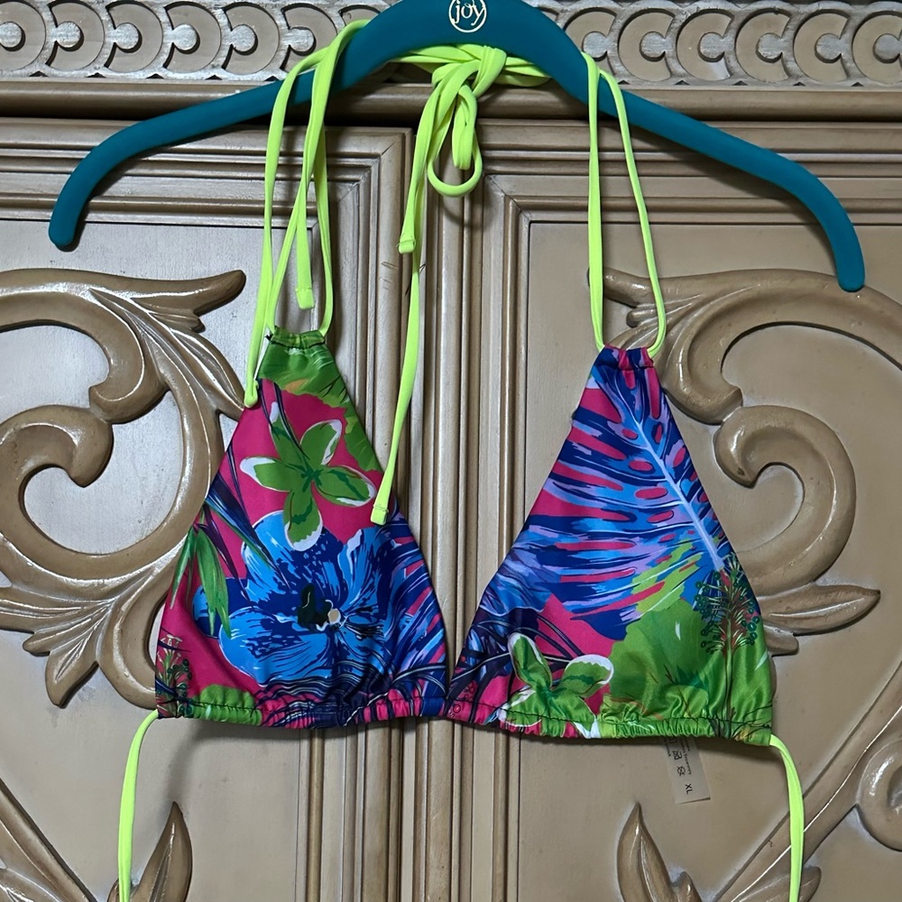 Bikini Top Tropical Print Halter triangle double straps adjustable new XL